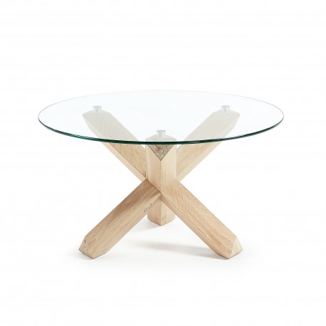 MESA DE CENTRO DE CRISTAL NORI CON PIES DE ROBLE MACIZO
