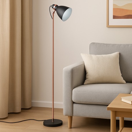 LAMPARA DE SUELO BLASCA DE METAL NEGRO Y COBRIZO