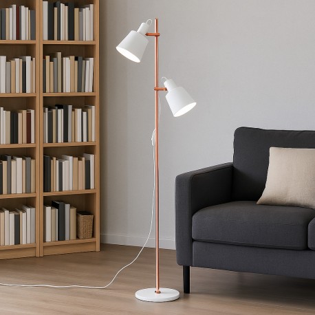 LAMPARA DE SUELO PASULA DE METAL BLANCO Y COBRIZO