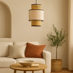 LAMPARA DE TECHO LUJAR CON PANTALLA DE TELA Y RATTAN