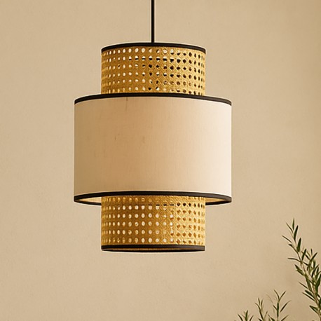 LAMPARA DE TECHO LUJAR CON PANTALLA DE TELA Y RATTAN