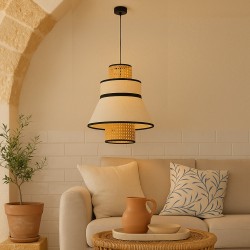 LAMPARA DE TECHO NERJA CON PANTALLA DE TELA Y RATTAN