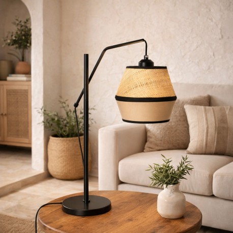 LAMPARA DE SOBREMESA ROTTA CON PANTALLA DE PAJA Y TELA