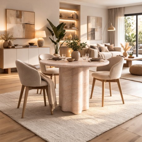 MESA DE COMEDOR MICHELLE DE CEMENTO GFRC EN ACABADO TRAVERTINO PARA INTERIOR Y EXTERIOR ESTILO CONTEMPORÁNEO