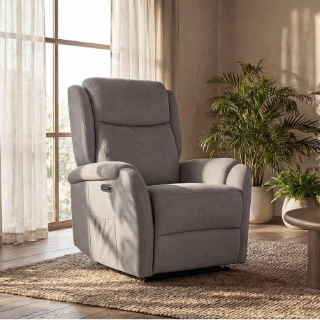 SILLÓN RELAX ELECTRICO CON TEJIDO ANTIMANCHAS TAUPE AKARI PARA SALÓN ESTILO CONTEMPORÁNEO