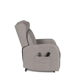 SILLÓN RELAX ELECTRICO CON ELEVADOR EN TEJIDO ANTIMANCHAS TAUPE SAORI PARA SALÓN CONTEMPORÁNEO