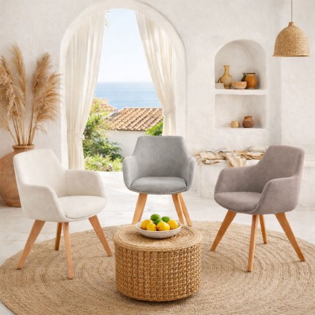 SILLA DE COMEDOR DE MADERA DE HAYA SHARON CON BRAZOS TAPIZADA ANTIMANCHAS ESTILO ESCANDINAVO