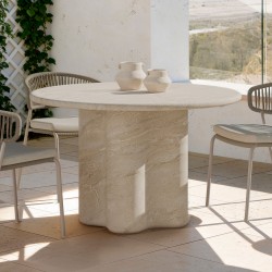 MESA DE COMEDOR MICHELLE DE CEMENTO GFRC EN ACABADO TRAVERTINO PARA INTERIOR Y EXTERIOR ESTILO CONTEMPORÁNEO
