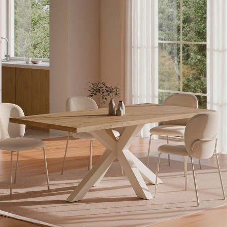 MESA DE COMEDOR RECTANGULAR DE MELAMINA SANDY CON BASE METÁLICA BEIGE DE ESTILO MODERNO