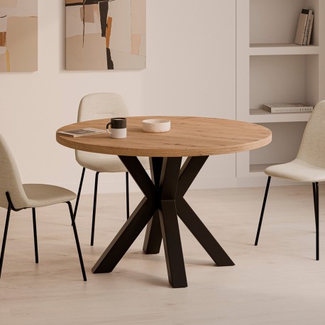 MESA DE COMEDOR REDONDA DE MELAMINA SANDY CON BASE NEGRA DE ESTILO MODERNO