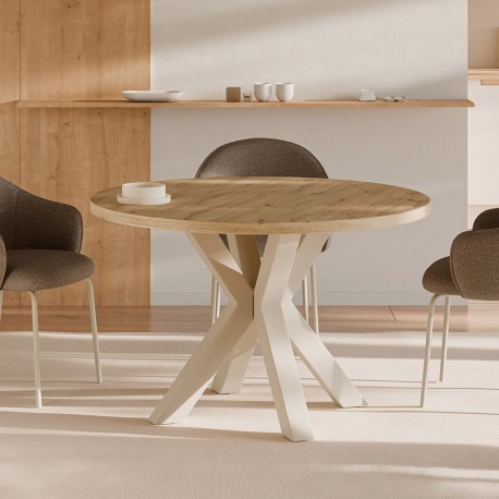 MESA DE COMEDOR REDONDA DE MELAMINA SANDY CON BASE BEIGE DE ESTILO MODERNO