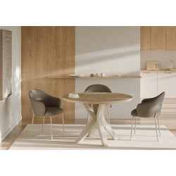 MESA DE COMEDOR REDONDA DE MELAMINA SANDY CON BASE BEIGE DE ESTILO MODERNO