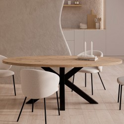 MESA DE COMEDOR OVALADA DE MELAMINA SANDY CON BASE NEGRA DE ESTILO MODERNO