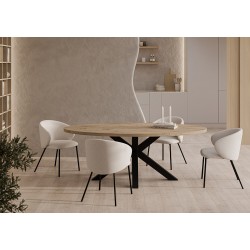 MESA DE COMEDOR OVALADA DE MELAMINA SANDY CON BASE NEGRA DE ESTILO MODERNO