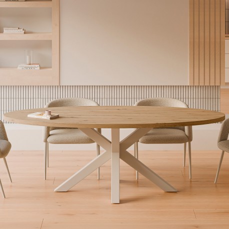 MESA DE COMEDOR OVALADA DE MELAMINA SANDY CON BASE BEIGE DE ESTILO MODERNO