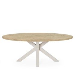 MESA DE COMEDOR OVALADA DE MELAMINA SANDY CON BASE BEIGE DE ESTILO MODERNO