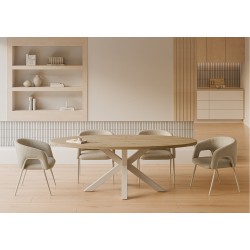 MESA DE COMEDOR OVALADA DE MELAMINA SANDY CON BASE BEIGE DE ESTILO MODERNO